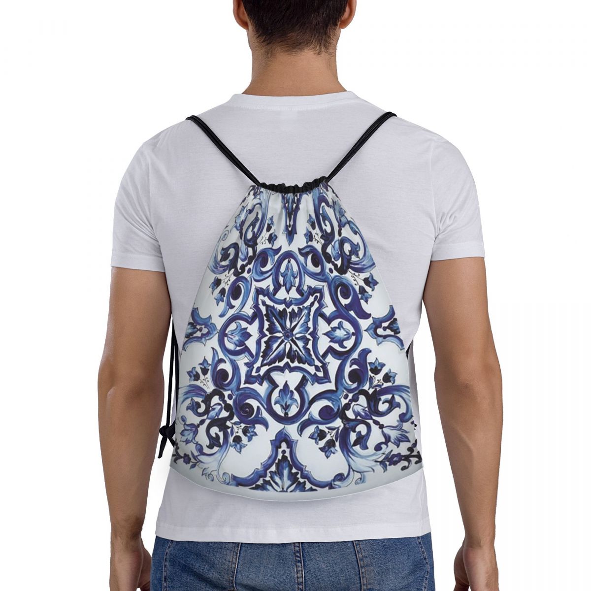 Tile Bag Drawstring - Zaini con motivo floreale ornamentale blu