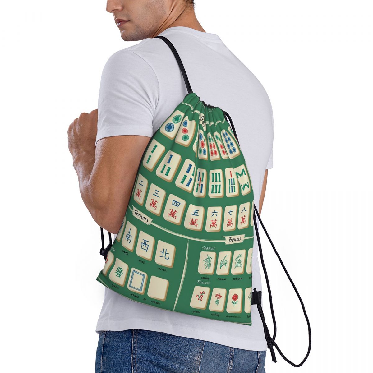 Tile Bag Drawstring - Zaini con motivo Mahjong, borse portatili