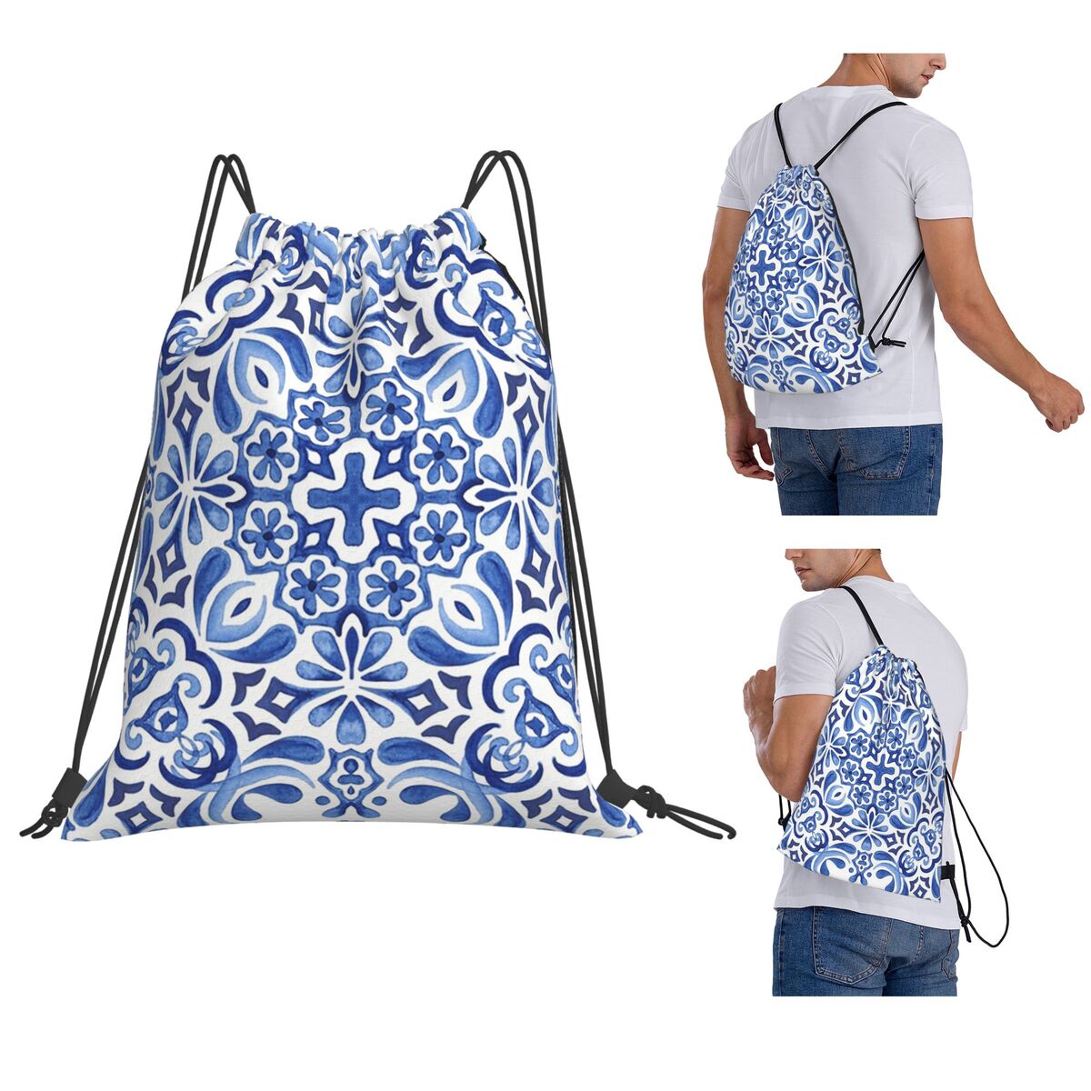 Tile Bag Drawstring - Zaini con motivo a mosaico mediterraneo